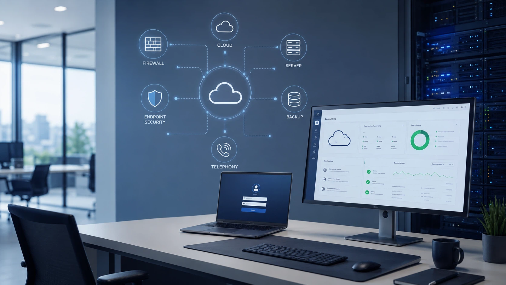 Hybride IT-Architektur eines IT-Systemhauses: Cloud, Firewall, Server, Backup und Endpoint-Security an einem zentralen Arbeitsplatz
