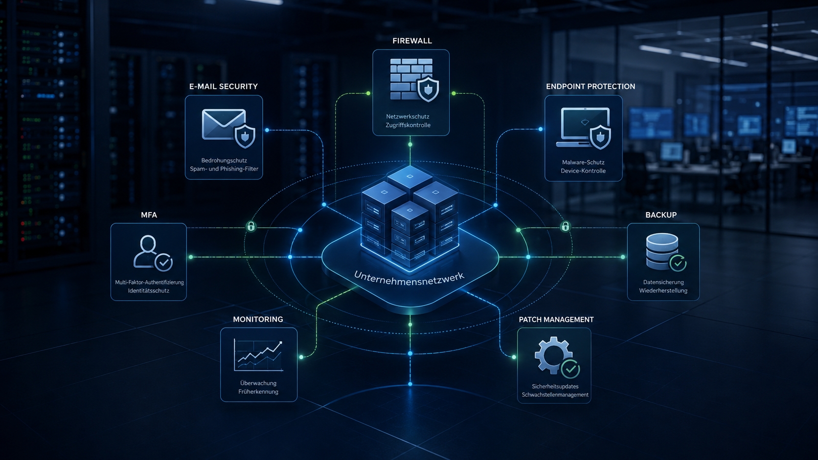 Mehrschichtige IT-Sicherheitsarchitektur mit Firewall, Endpoint Security, MFA und Backup