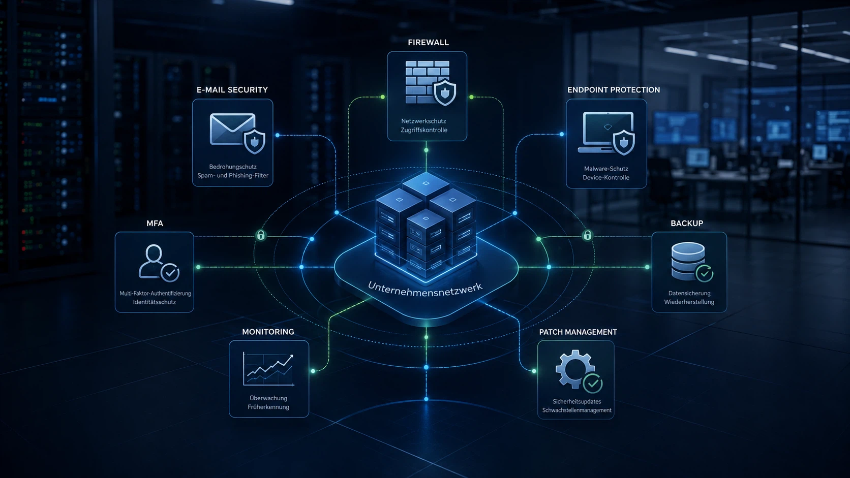Mehrschichtige IT-Sicherheitsarchitektur mit Firewall, Endpoint Security, MFA und Backup