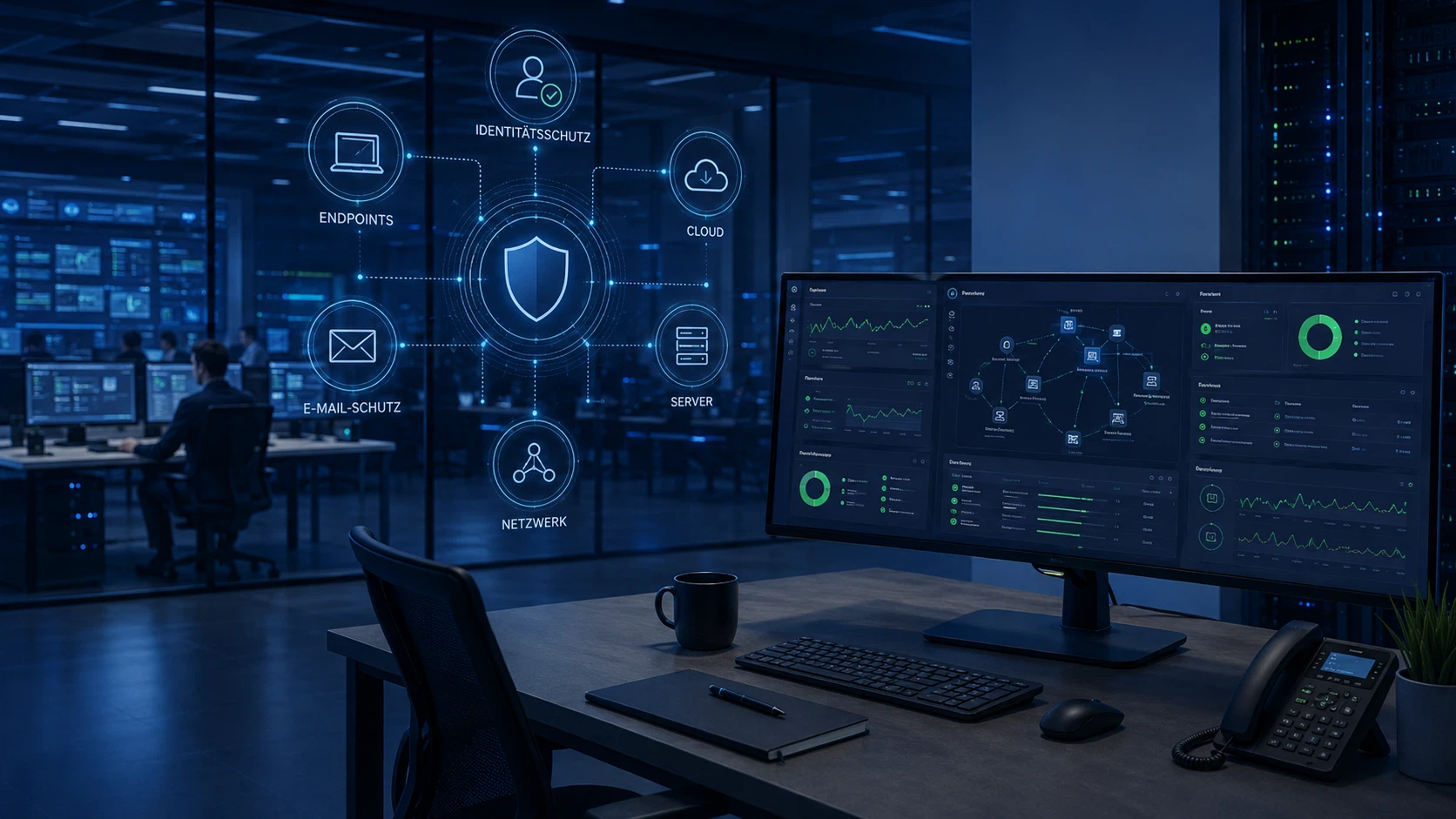 Managed XDR mit 24/7 Security Monitoring: zentrale Erkennung und Reaktion über Endpoints, Server, Cloud, E-Mail und Identitäten