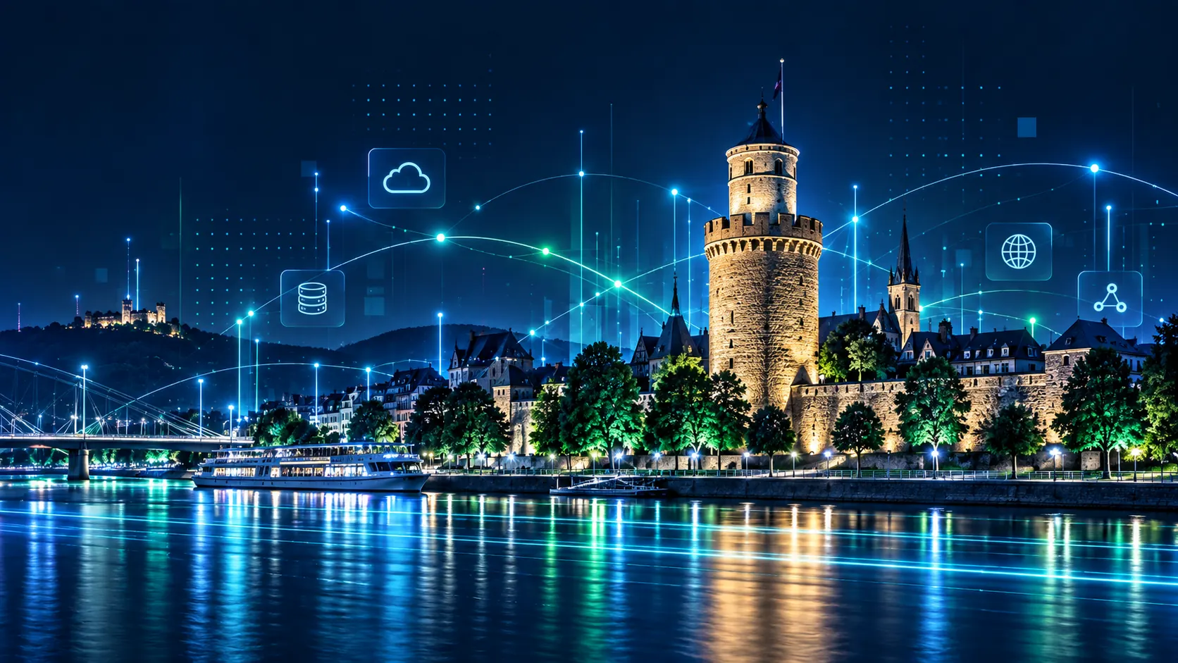 Stilisierte Illustration: der Runde Turm, Andernachs mittelalterliches Wahrzeichen, bei Nacht mit dem Rhein im Vordergrund