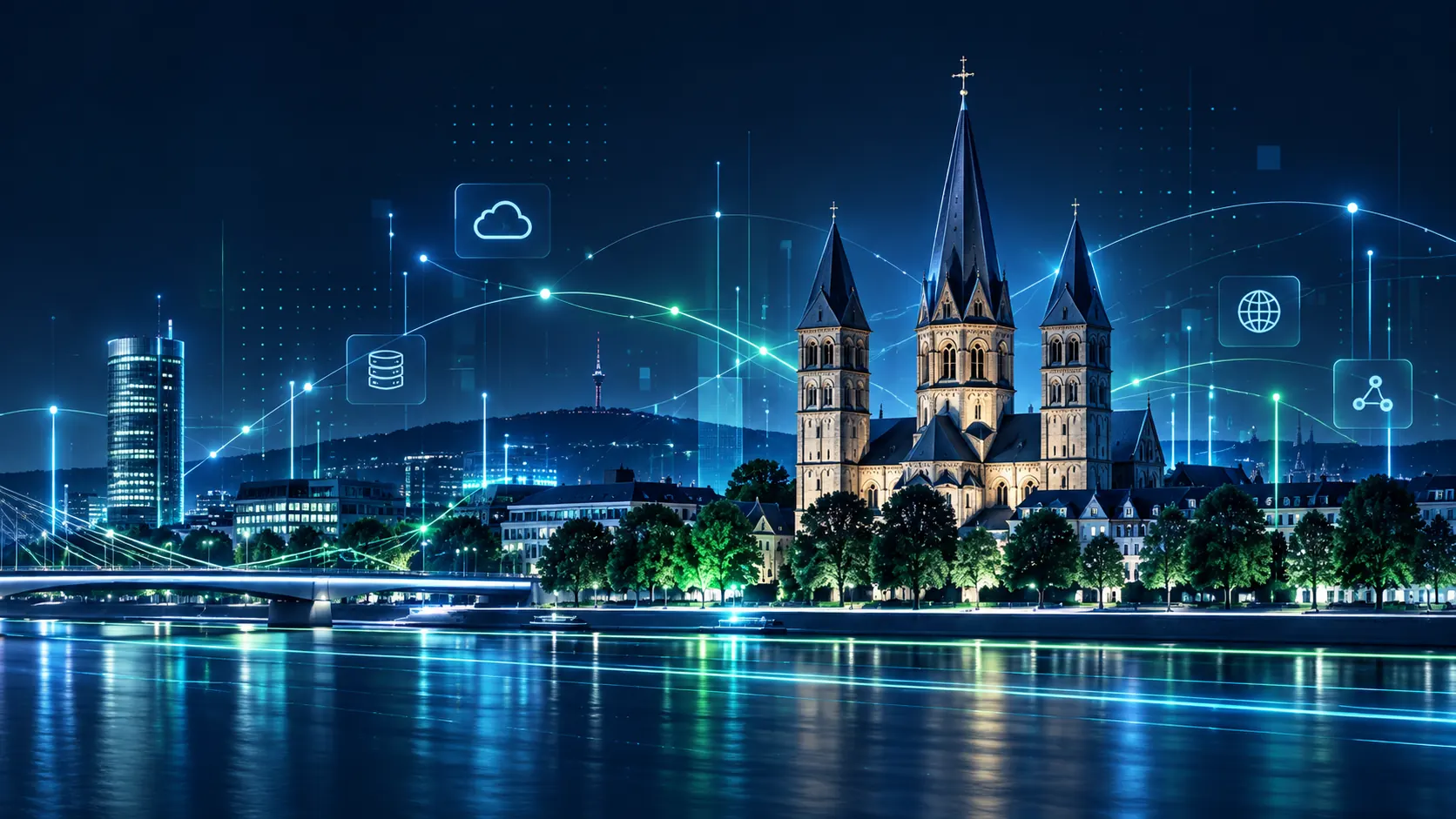 Stilisierte Illustration: das Bonner Münster und der Post Tower bei Nacht am Rhein