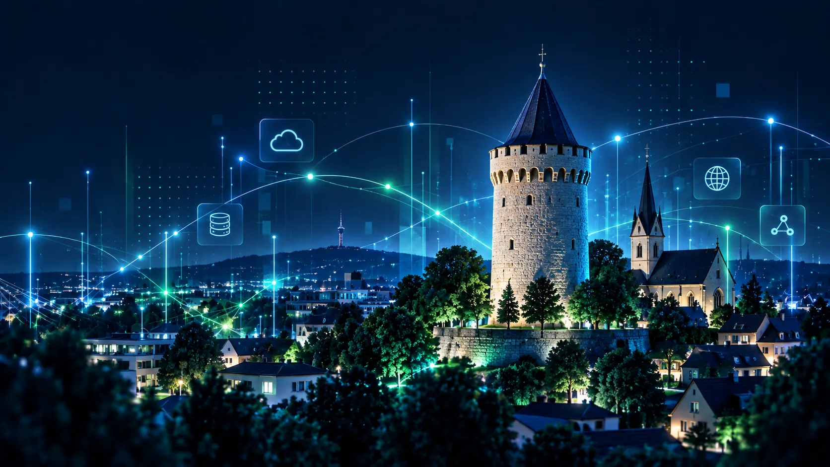 Stilisierte Illustration: frei gestaltete Ortsansicht bei Nacht mit Rundturm, Kirche und Häusern zwischen Bäumen