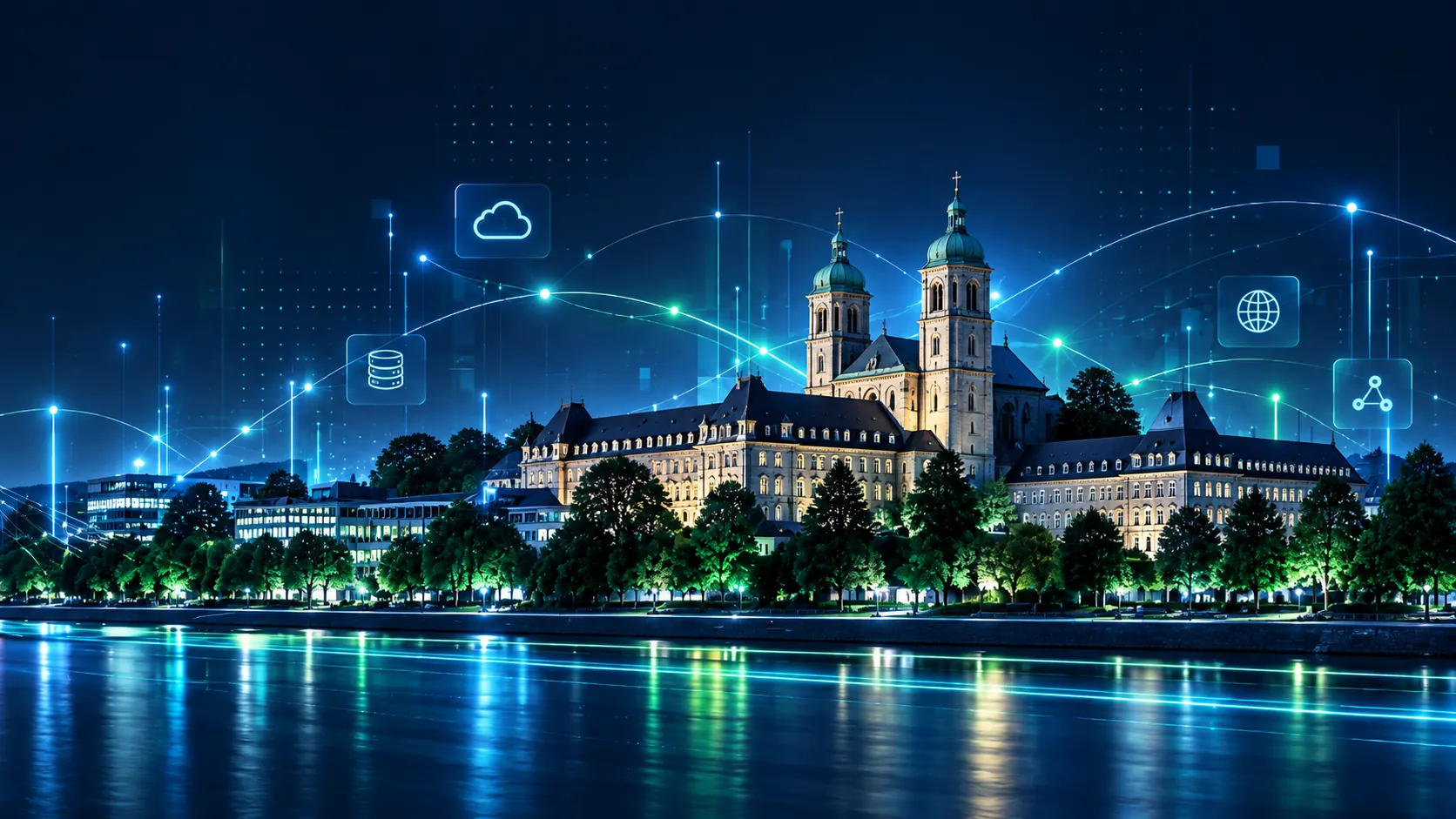 Stilisierte Illustration: frei gestaltete Stadtansicht bei Nacht mit einem großen Gebäude mit zwei Kuppeltürmen am Wasser