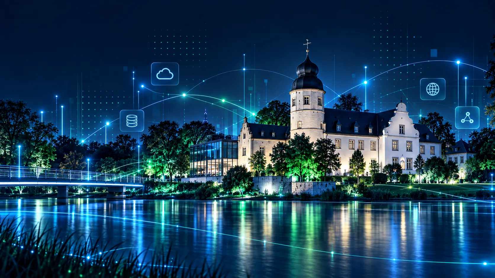 Stilisierte Illustration: helles historisches Gebäude mit Turm am Wasser bei Nacht, stellvertretend für Troisdorf