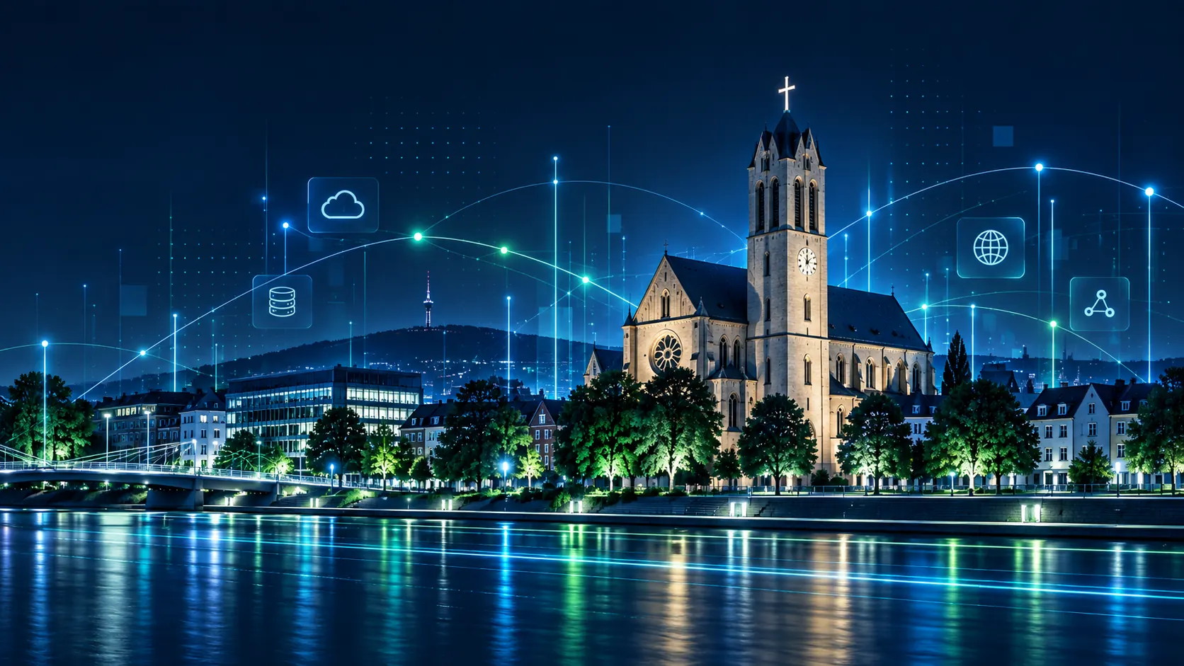 Stilisierte Illustration: die neugotische Herz-Jesu-Kirche in Euskirchen mit ihrem hohen Turm bei Nacht